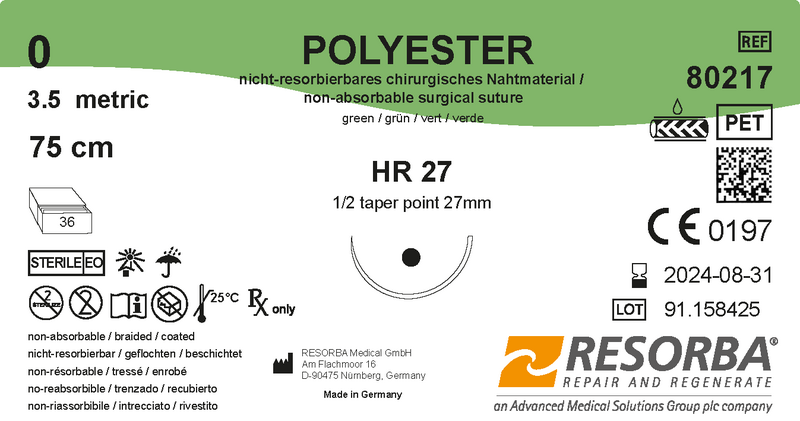 Поліестер USP5-0 зелений, довжина 75см, колюча голка 17мм, 1/2 кола